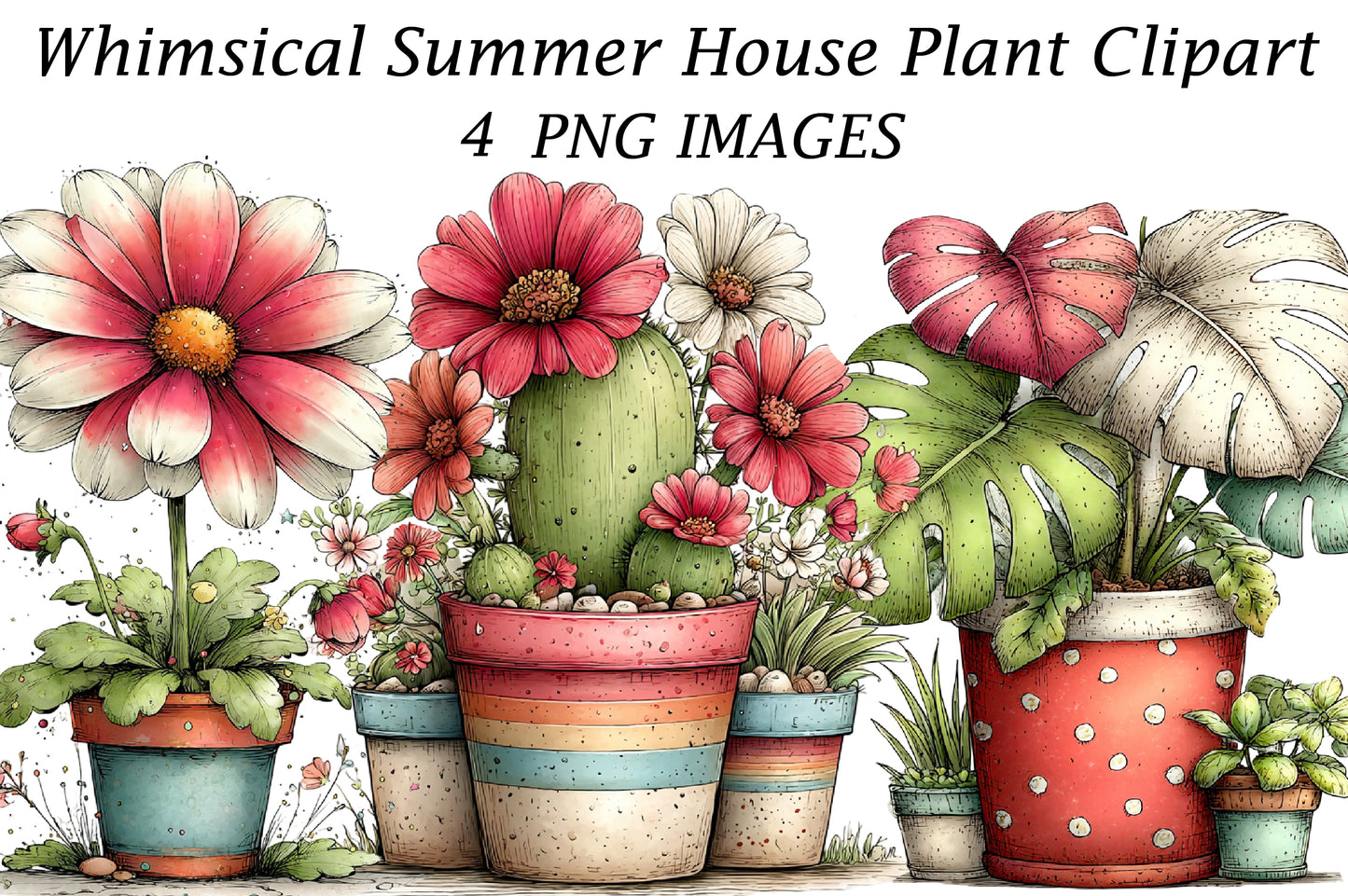 Whimsical Summer House Plant Clipart | Watercolor Potted Plant PNG