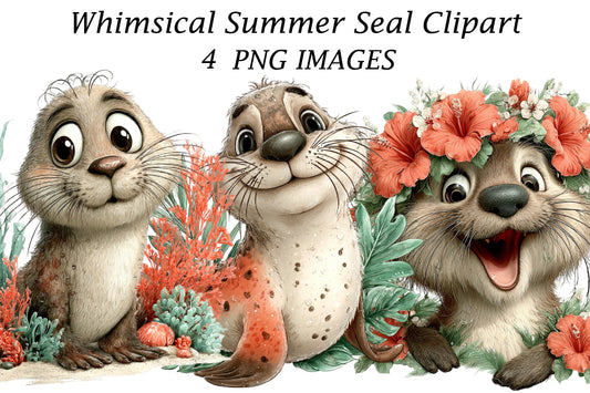 Whimsical Summer Seal Clipart | Cute Watercolor Seal PNG