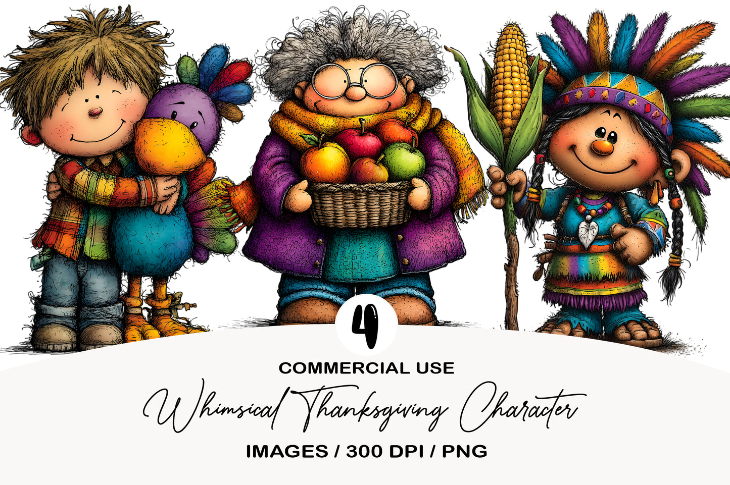 Whimsical Thanksgiving Characters Clipart PNG