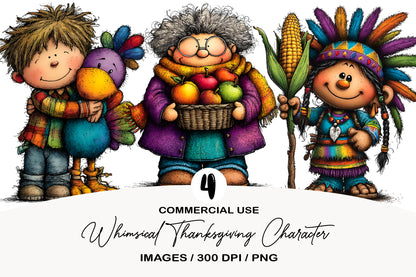 Whimsical Thanksgiving Characters Clipart PNG