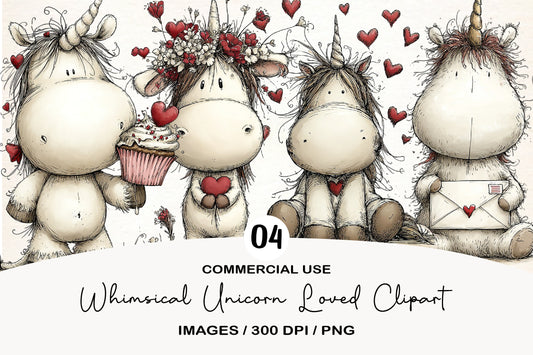 Whimsical Unicorn Love Clipart PNG Bundle | Cute Watercolor Romantic Unicorn Clipart | Kawaii Unicorn PNG