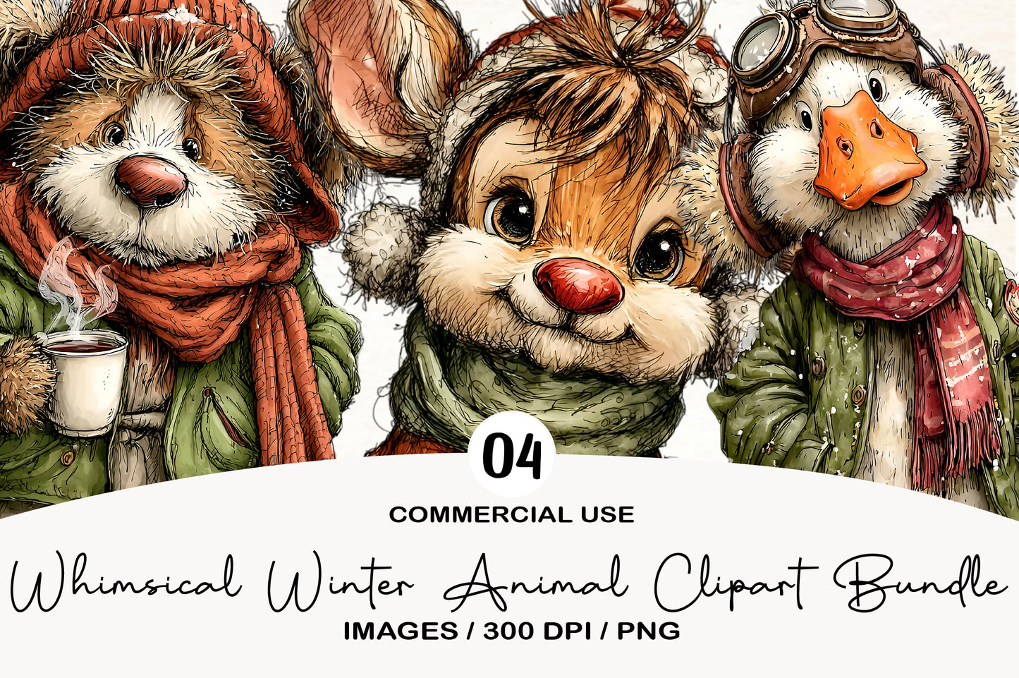 Whimsical Winter Animal Clipart Bundle | Cute Watercolor Winter Animals PNG