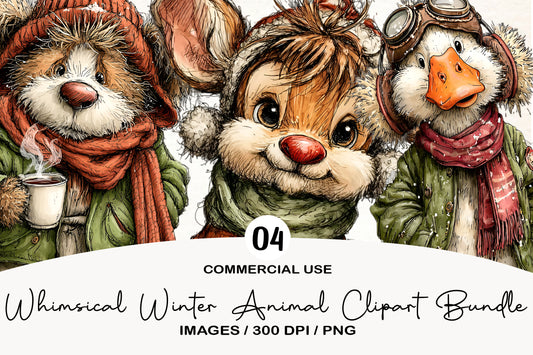 Whimsical Winter Animal Clipart Bundle | Cute Watercolor Winter Animals PNG
