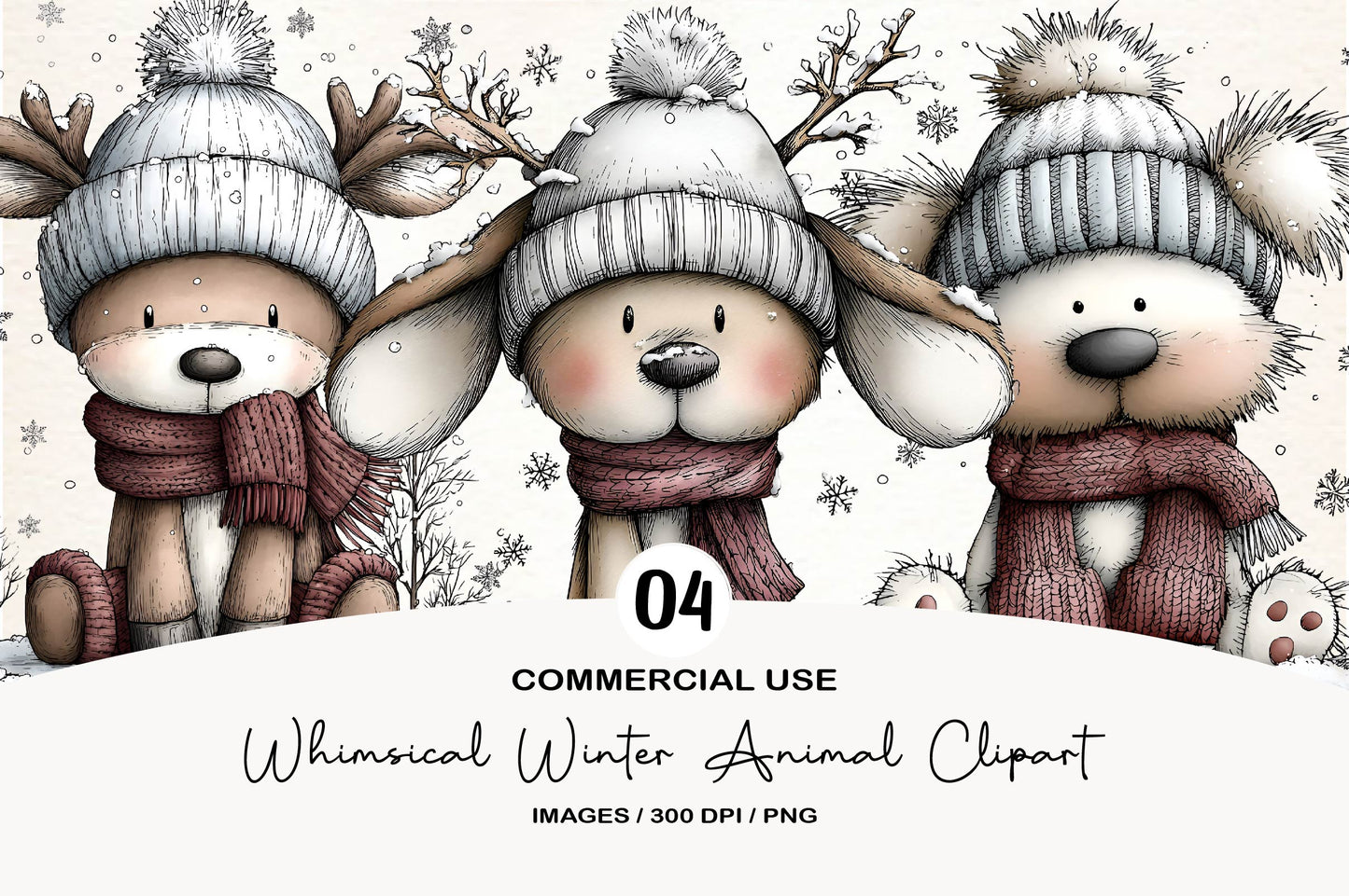 Whimsical Winter Animal Clipart PNG Bundle | Cute Watercolor Winter Woodland Animals