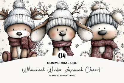 Whimsical Winter Animal Clipart PNG Bundle | Cute Watercolor Winter Woodland Animals