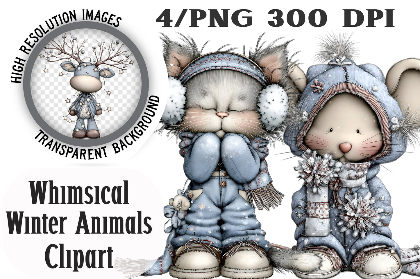 Whimsical Winter Animals in Clothes Clipart PNG Bundle | Cute Watercolor Dressed Winter Animals