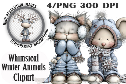 Whimsical Winter Animals in Clothes Clipart PNG Bundle | Cute Watercolor Dressed Winter Animals