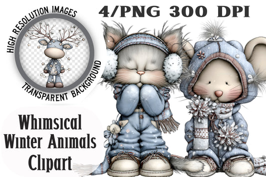 Whimsical Winter Animals in Clothes Clipart PNG Bundle | Cute Watercolor Dressed Winter Animals