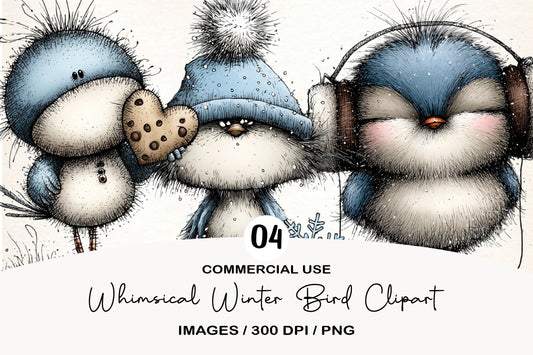Whimsical Winter Bird Clipart PNG Bundle | Cute Watercolor Winter Birds | Snowy Holiday Bird PNG