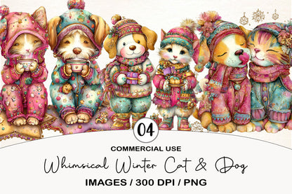 Whimsical Winter Cat & Dog Clipart PNG