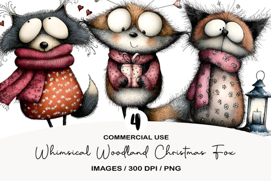 Whimsical Woodland Christmas Fox Clipart PNG Bundle | Cute Watercolor Holiday Forest Fox | Festive Woodland Fox PNG