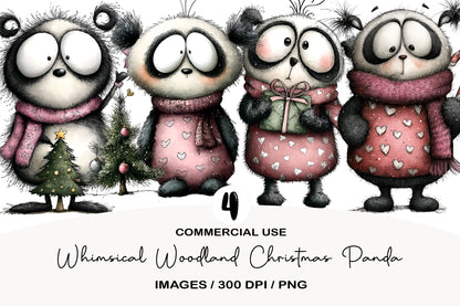 Whimsical Woodland Christmas Panda Clipart PNG Bundle | Cute Watercolor Holiday Forest Panda | Festive Winter Panda PNG