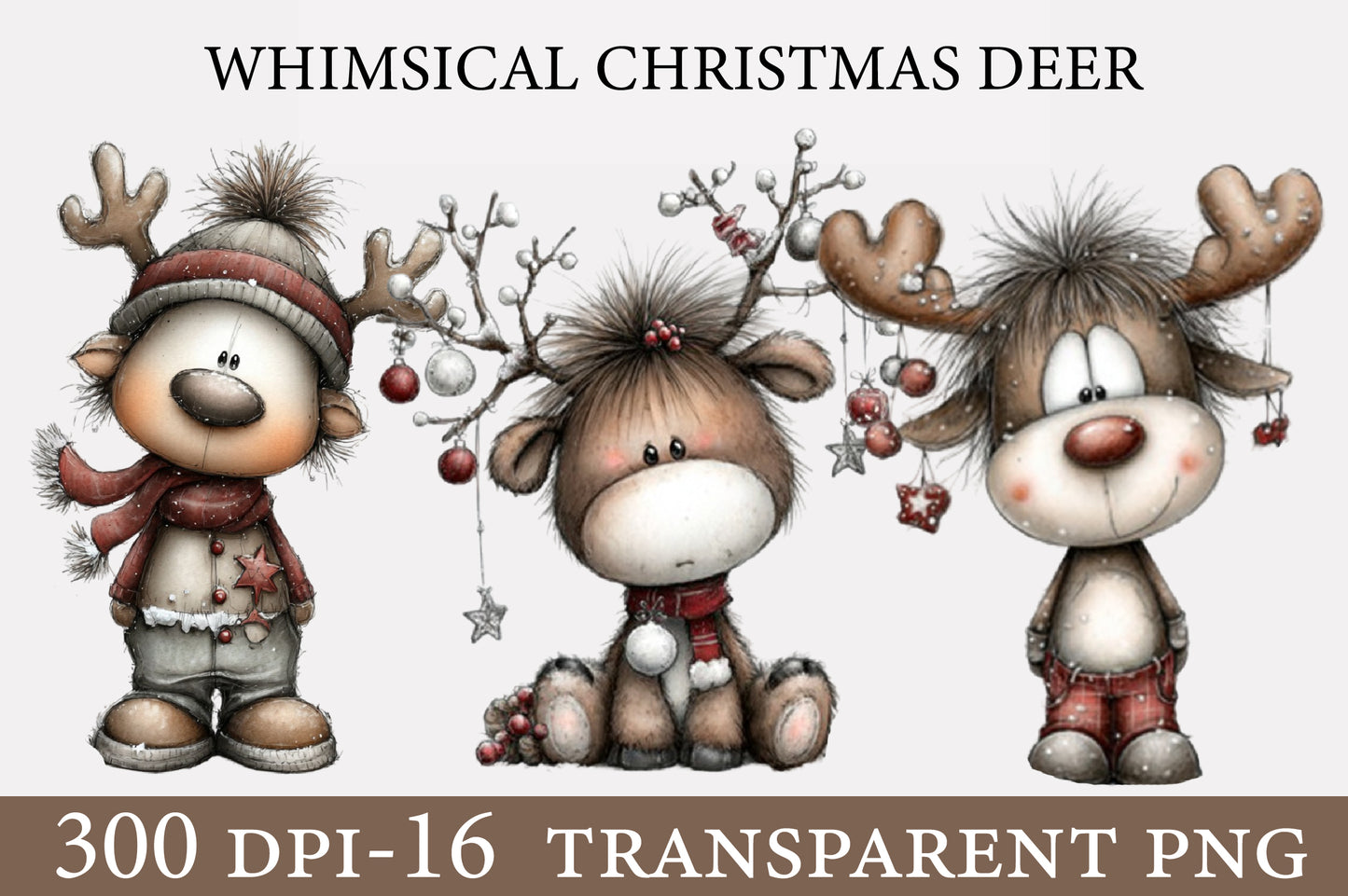 Whimsical Christmas Deer PNG | Cute Reindeer Holiday Clipart Bundle | 16 Transparent PNG