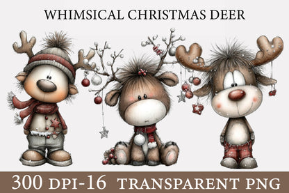 Whimsical Christmas Deer PNG | Cute Reindeer Holiday Clipart Bundle | 16 Transparent PNG