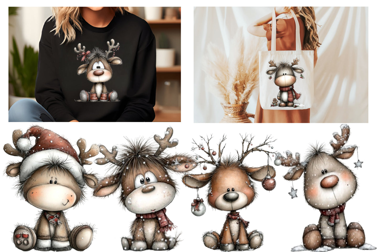Whimsical Christmas Deer PNG | Cute Reindeer Holiday Clipart Bundle | 16 Transparent PNG