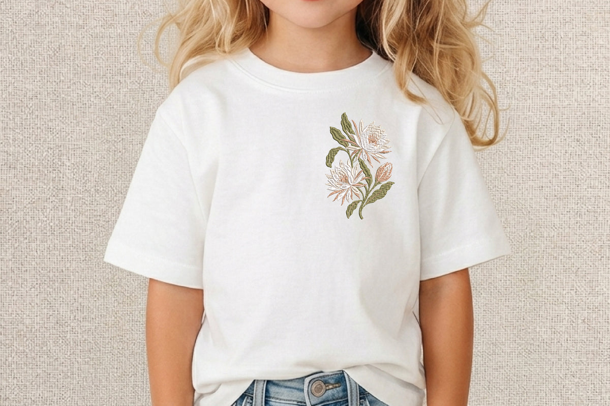 White Epiphyllum Flower Embroidery Design – Elegant White Flower Machine Embroidery Pattern, Floral Botanical Embroidery Design