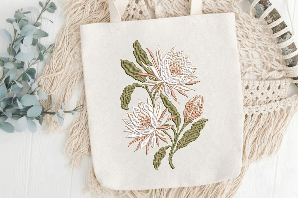 White Epiphyllum Flower Embroidery Design – Elegant White Flower Machine Embroidery Pattern, Floral Botanical Embroidery Design