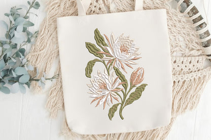 White Epiphyllum Flower Embroidery Design – Elegant White Flower Machine Embroidery Pattern, Floral Botanical Embroidery Design