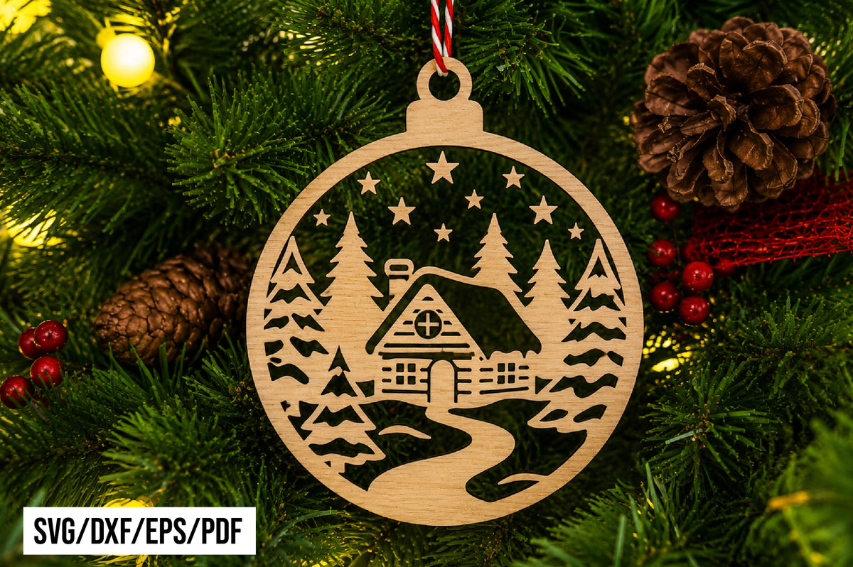 Winter Cabin Christmas Ornament Laser Cut SVG