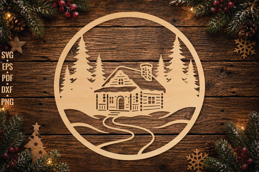Winter Cabin Christmas Ornament Laser Cut SVG, Log Cabin Ornament Cut File, Winter Woodland Decor