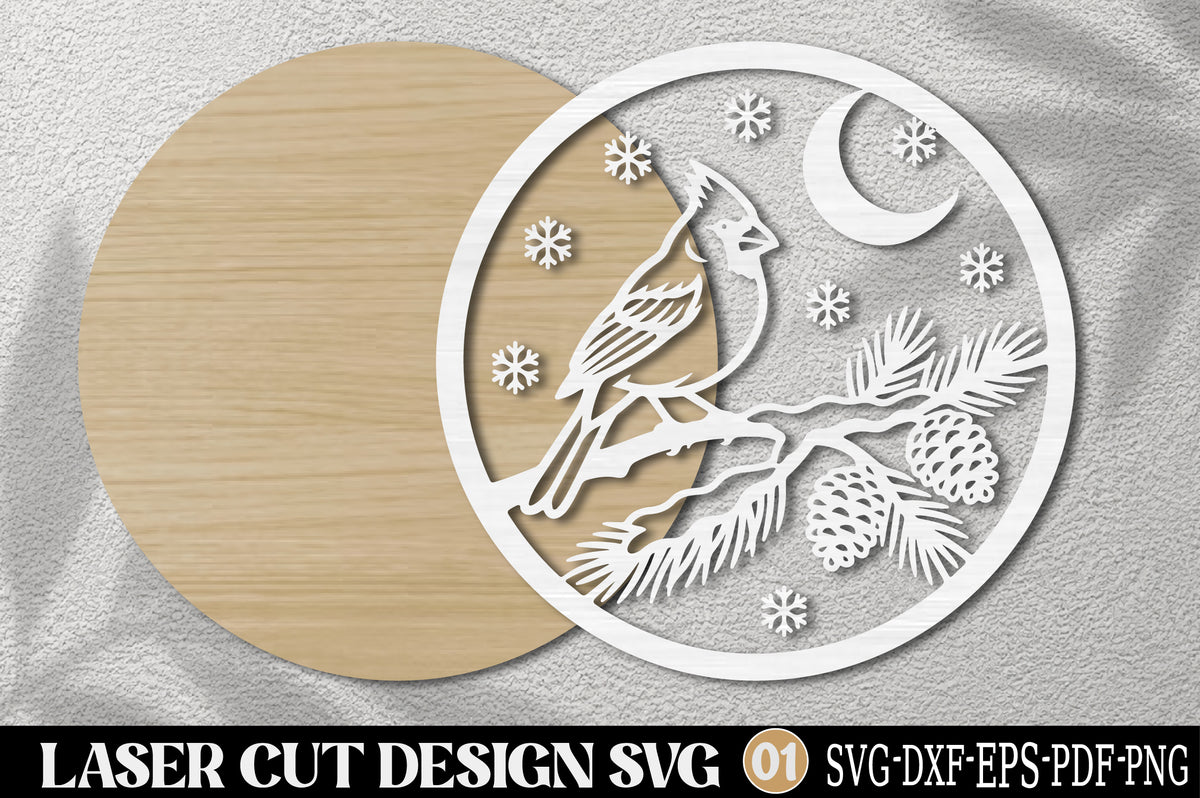 Winter Cardinal Christmas Laser Cut SVG | Cardinal Bird Snowflake Pine Branch Ornament