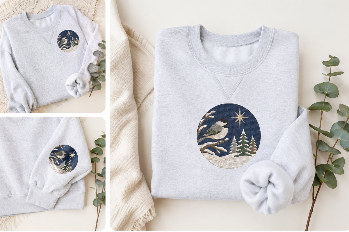 Winter Chickadee Moon Embroidery Design – Cute Chickadee Bird & Moon Machine Embroidery Pattern, Winter Nature Embroidery Design