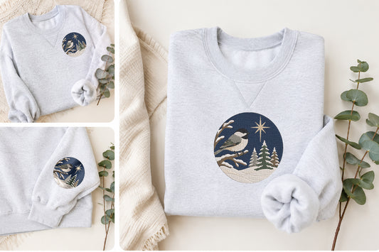 Winter Chickadee Moon Embroidery Design – Cute Chickadee Bird & Moon Machine Embroidery Pattern, Winter Nature Embroidery Design