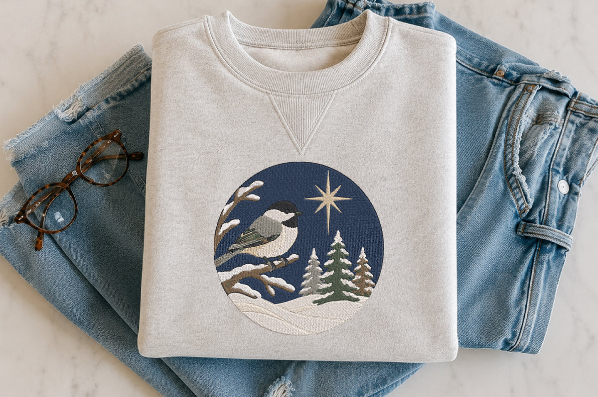 Winter Chickadee Moon Embroidery Design – Cute Chickadee Bird & Moon Machine Embroidery Pattern, Winter Nature Embroidery Design