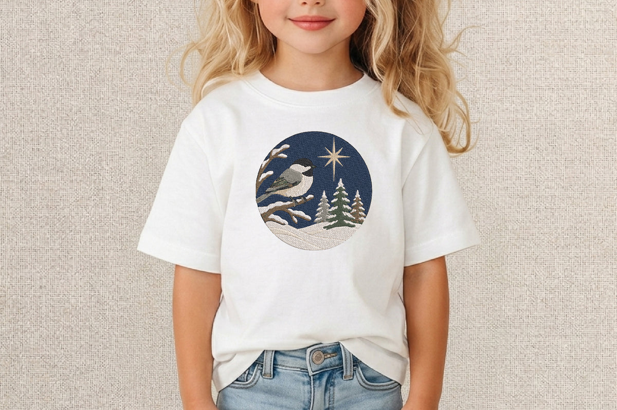 Winter Chickadee Moon Embroidery Design – Cute Chickadee Bird & Moon Machine Embroidery Pattern, Winter Nature Embroidery Design