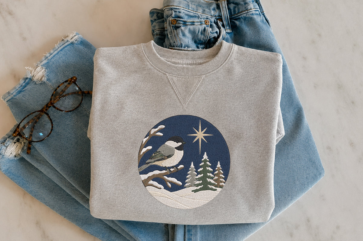 Winter Chickadee Moon Embroidery Design – Cute Chickadee Bird & Moon Machine Embroidery Pattern, Winter Nature Embroidery Design