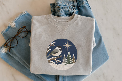 Winter Chickadee Moon Embroidery Design – Cute Chickadee Bird & Moon Machine Embroidery Pattern, Winter Nature Embroidery Design