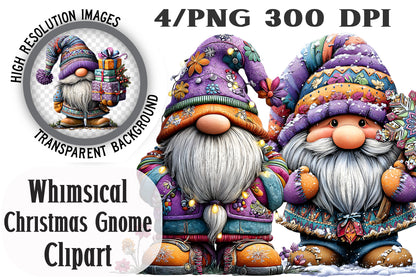 Winter Christmas Gnome Clipart PNG Bundle | Cozy Watercolor Holiday Gnome Clipart