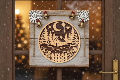Winter Cottage Christmas Laser Cut SVG, Cozy Cabin Snowy Forest Round Ornament Cut File