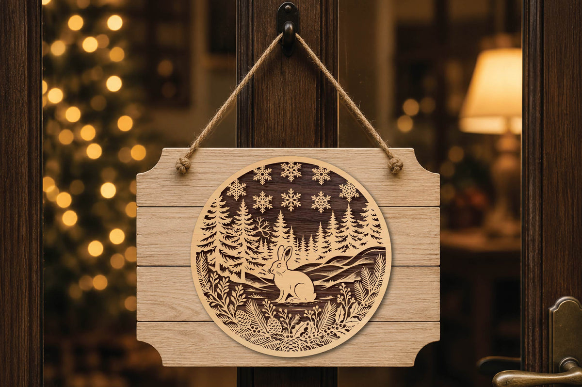 Winter Forest Rabbit Laser Cut SVG, Christmas Bunny Woodland Ornament Cut File, Winter Rabbit SVG