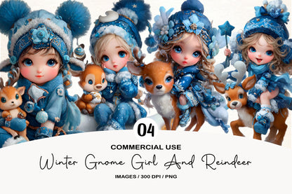 Winter Gnome Girl and Reindeer Clipart PNG Bundle | Cute Watercolor Christmas Gnome Clipart | Holiday Winter PNG