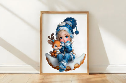 Winter Gnome Girl and Reindeer Clipart PNG Bundle | Cute Watercolor Christmas Gnome Clipart | Holiday Winter PNG