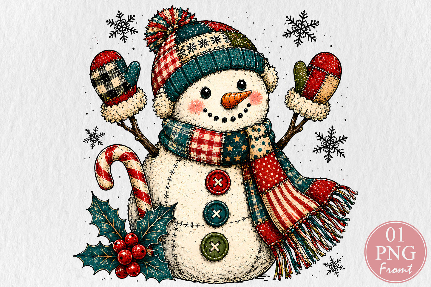Cute Patchwork Snowman Christmas PNG Winter Holiday