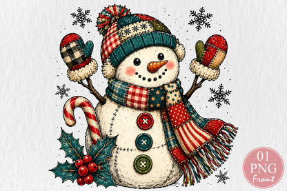 Cute Patchwork Snowman Christmas PNG Winter Holiday