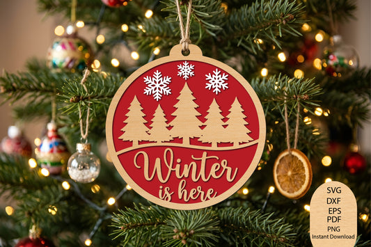 Winter Is Here Christmas Laser Cut SVG, Winter Christmas Ornament Cut File, Christmas Tree Snowflake SVG Design