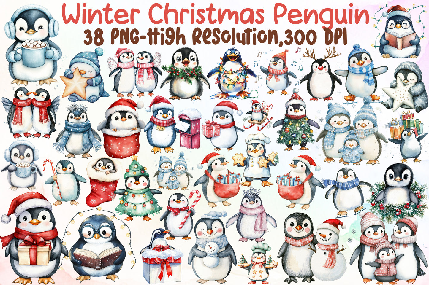 Watercolor Winter Penguin Christmas Clipart PNG Bundle