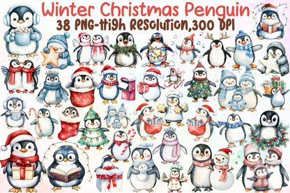 Watercolor Winter Penguin Christmas Clipart PNG Bundle