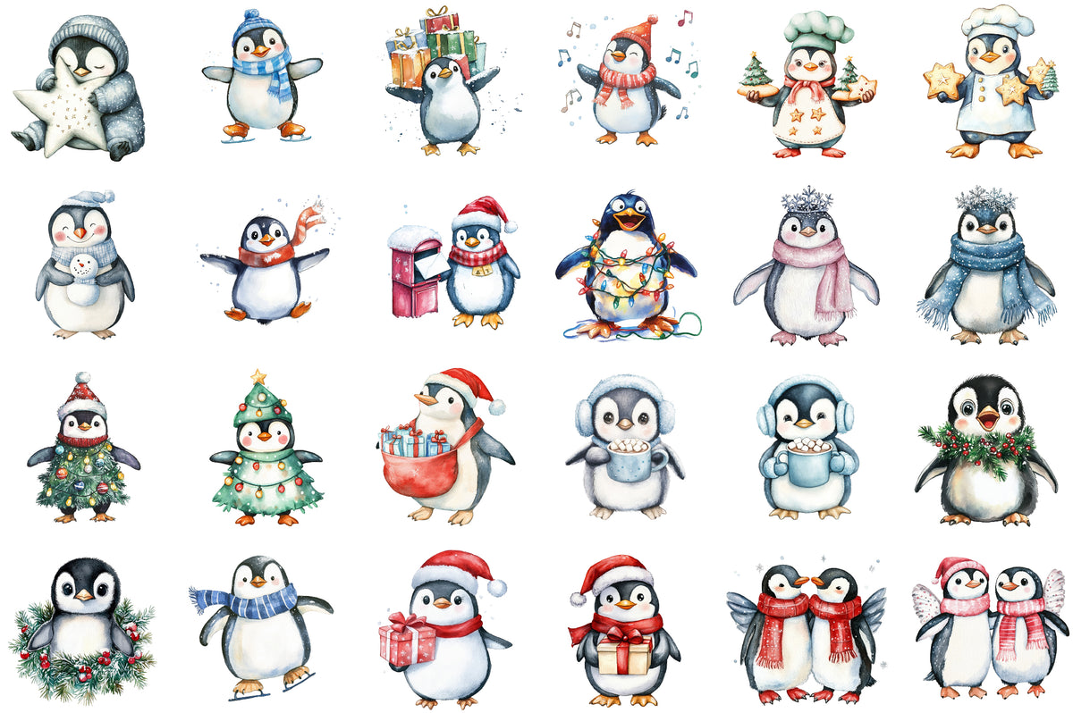 Watercolor Winter Penguin Christmas Clipart PNG Bundle