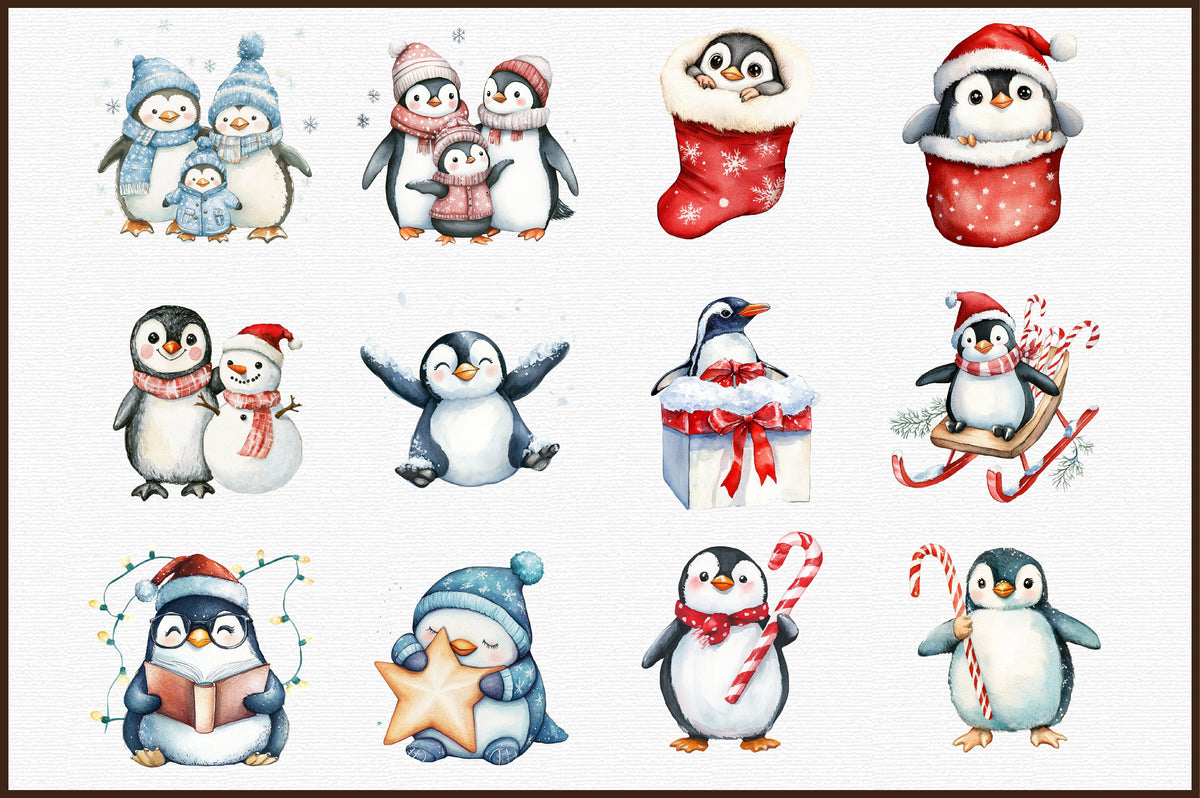 Watercolor Winter Penguin Christmas Clipart PNG Bundle