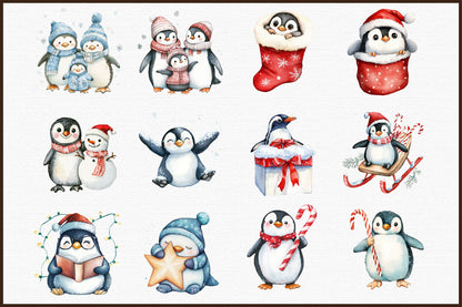 Watercolor Winter Penguin Christmas Clipart PNG Bundle
