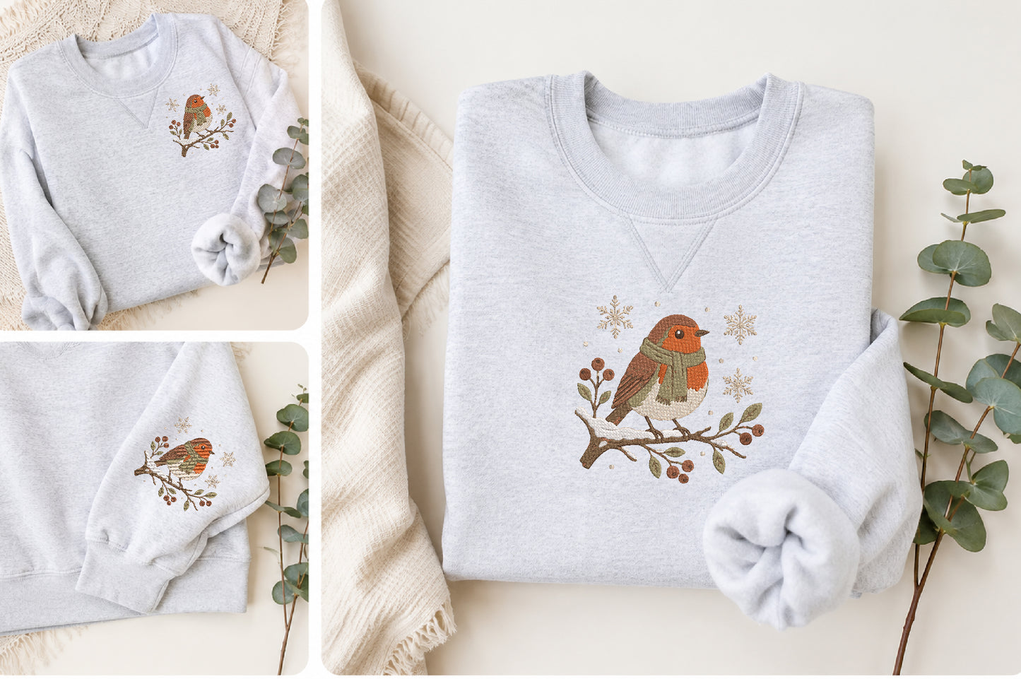 Winter Robin Embroidery Design – Cute Robin Bird Machine Embroidery Pattern, Winter Nature & Woodland Embroidery Design