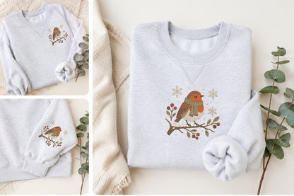 Winter Robin Embroidery Design – Cute Robin Bird Machine Embroidery Pattern, Winter Nature & Woodland Embroidery Design