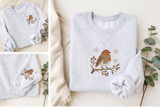 Winter Robin Embroidery Design – Cute Robin Bird Machine Embroidery Pattern, Winter Nature & Woodland Embroidery Design