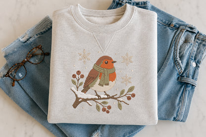 Winter Robin Embroidery Design – Cute Robin Bird Machine Embroidery Pattern, Winter Nature & Woodland Embroidery Design