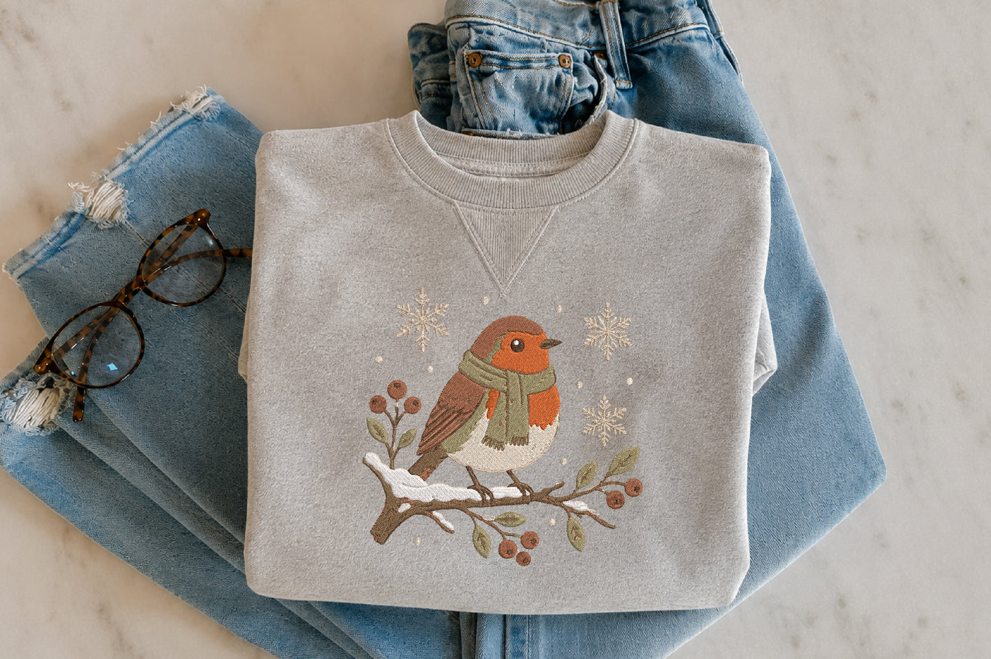 Winter Robin Embroidery Design – Cute Robin Bird Machine Embroidery Pattern, Winter Nature & Woodland Embroidery Design