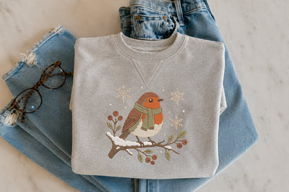 Winter Robin Embroidery Design – Cute Robin Bird Machine Embroidery Pattern, Winter Nature & Woodland Embroidery Design